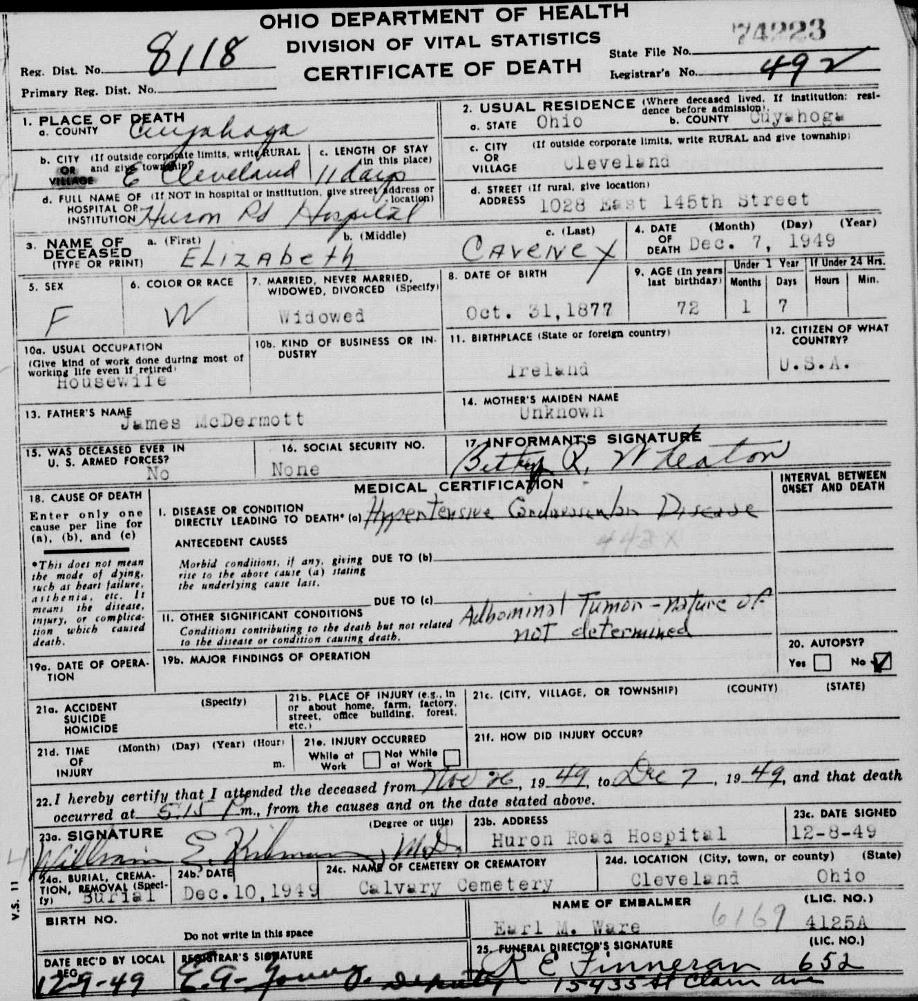 Elizabeth McDermott Death Certificate
