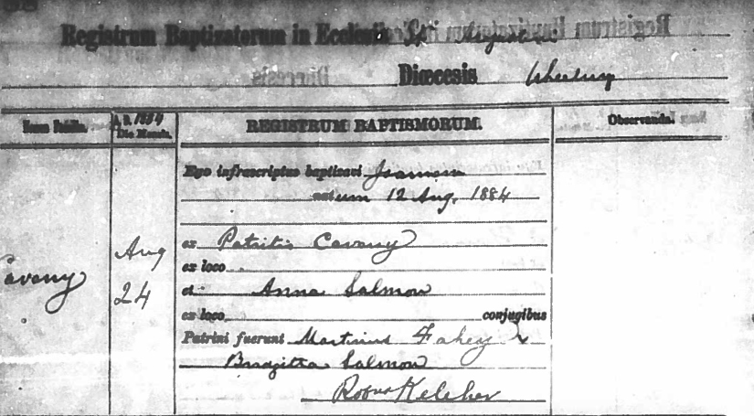 John T. Caveney Baptism at St. Augustine's in Grafton, WV Record from Wheeling Catholic Diocese. Provided from an excellent archivist Jon-Erik G.