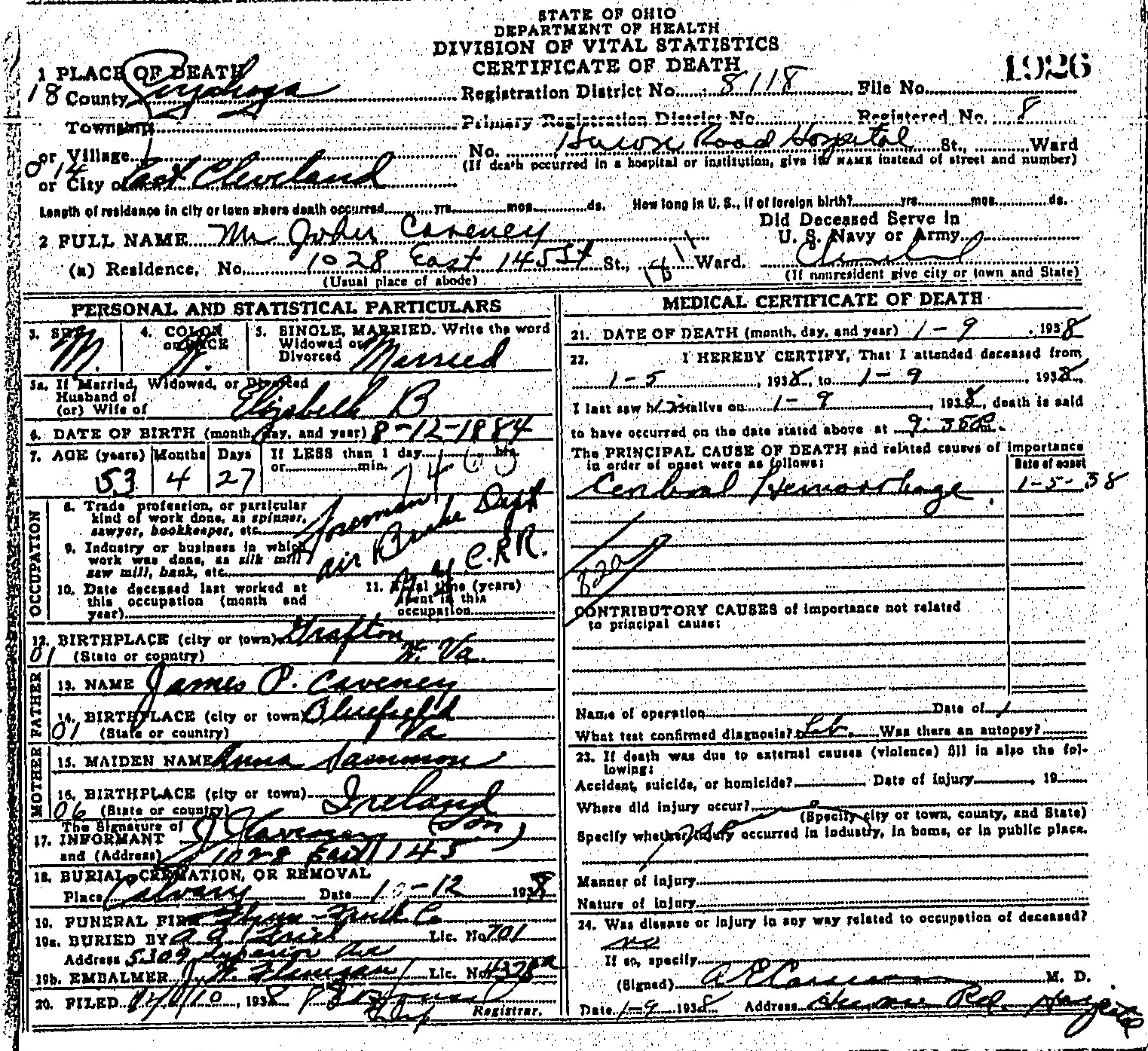 John T. Caveney Death Certificate