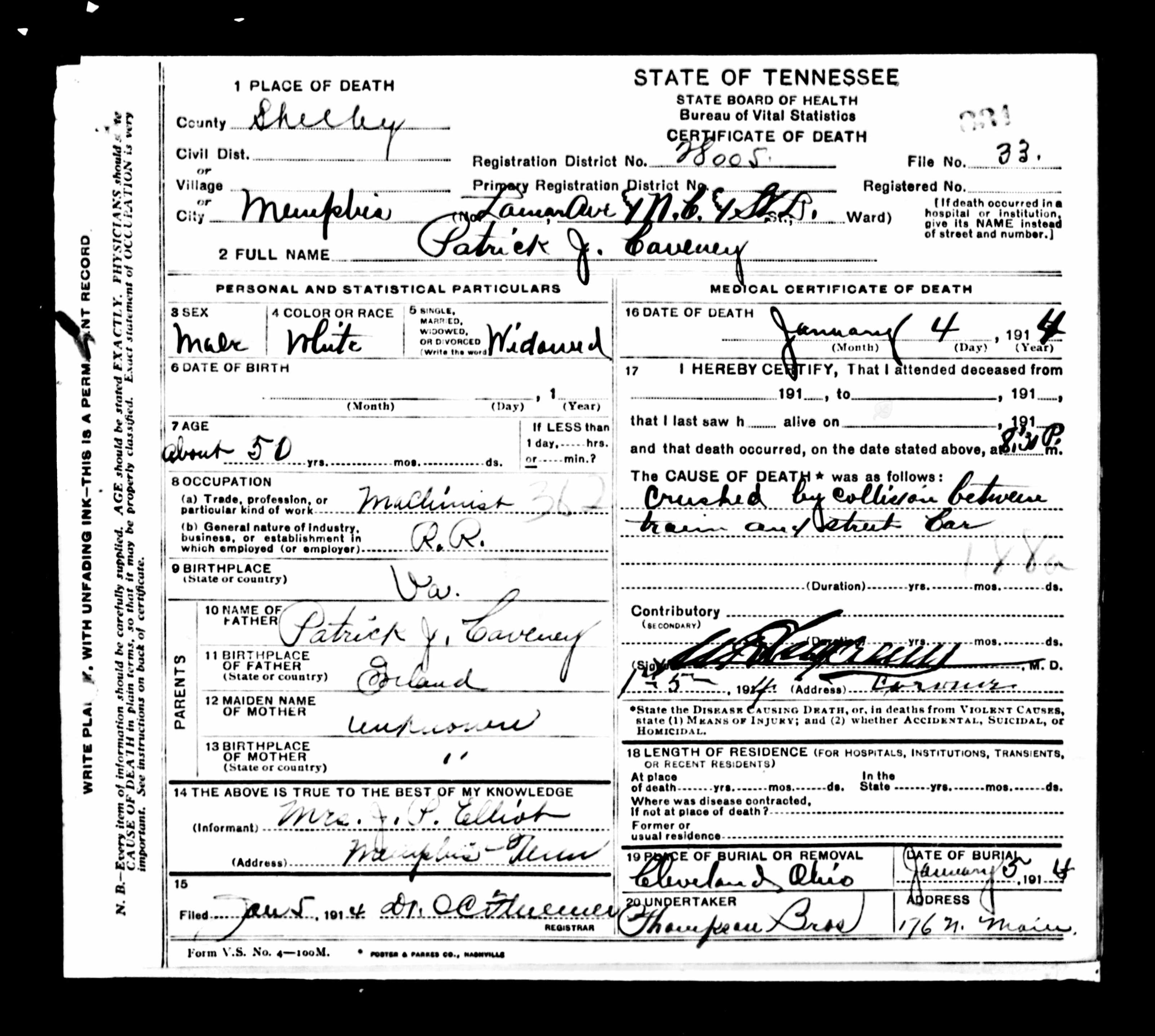 Patrick Caveney death certificate. Informant: daughter Margaret Mary "Marie" Elliot