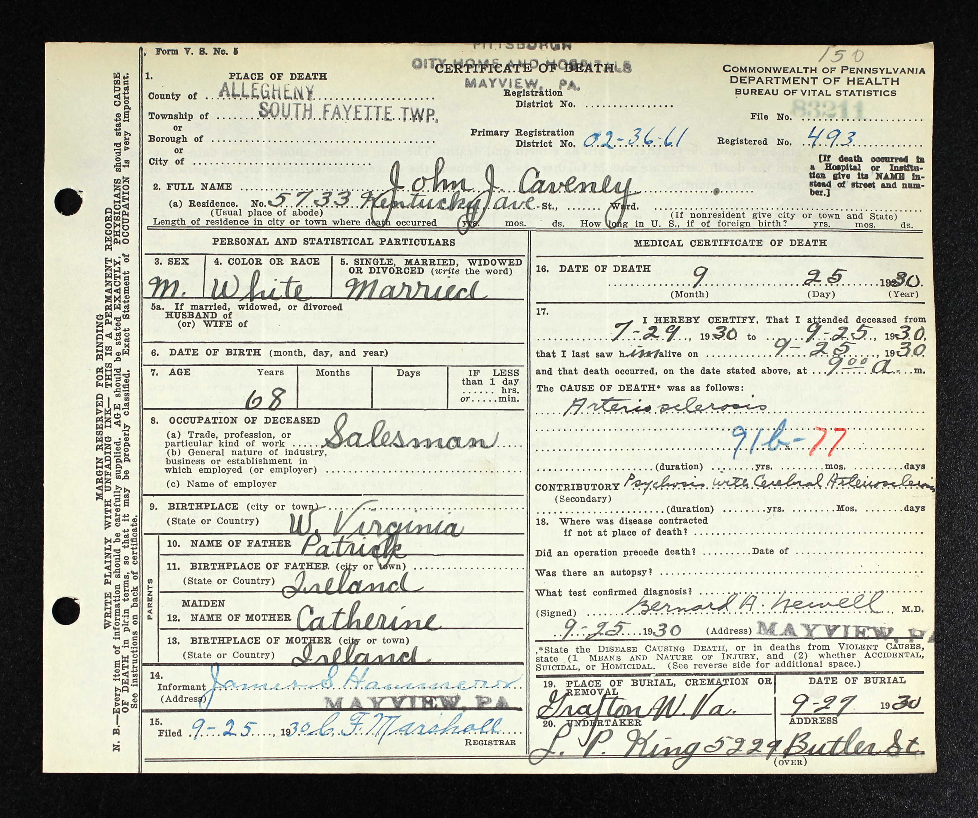 Incorrectly noted as John J. This is for John F. Caveney death certificate